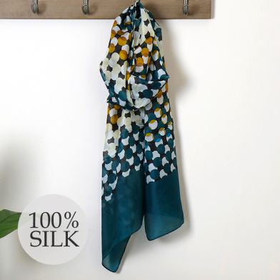 Teal Blue & Mustard Overlap Spot 100% Silk Scarf by Peace of Mind